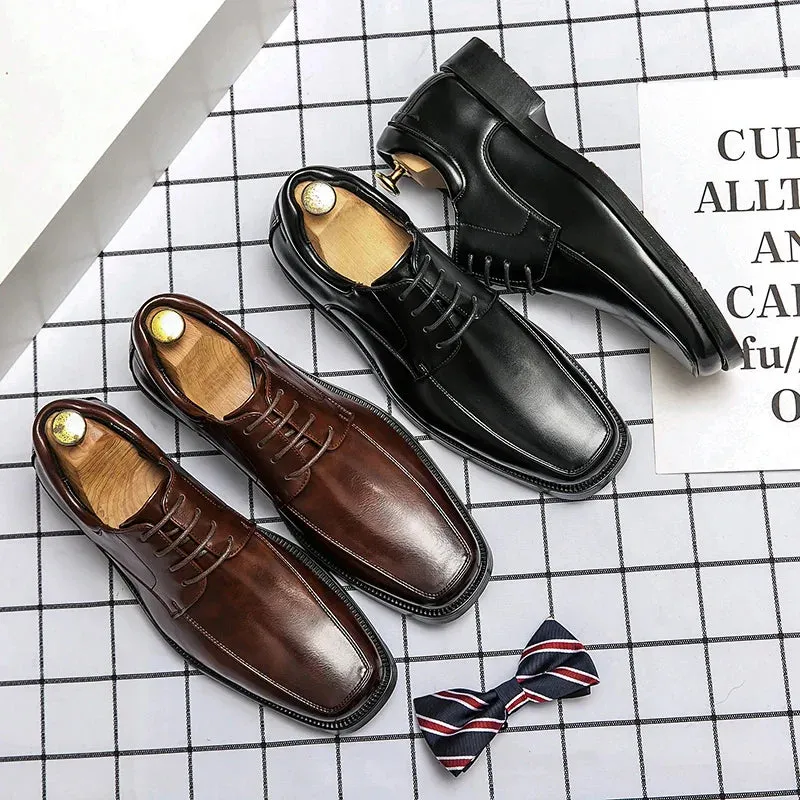 binfenxie  -High Quality Business Men Dress Shoes Square head Male Casual Leather Shoes 2024 Lace Up Wedding Shoes Men Gentleman Derby Shoes