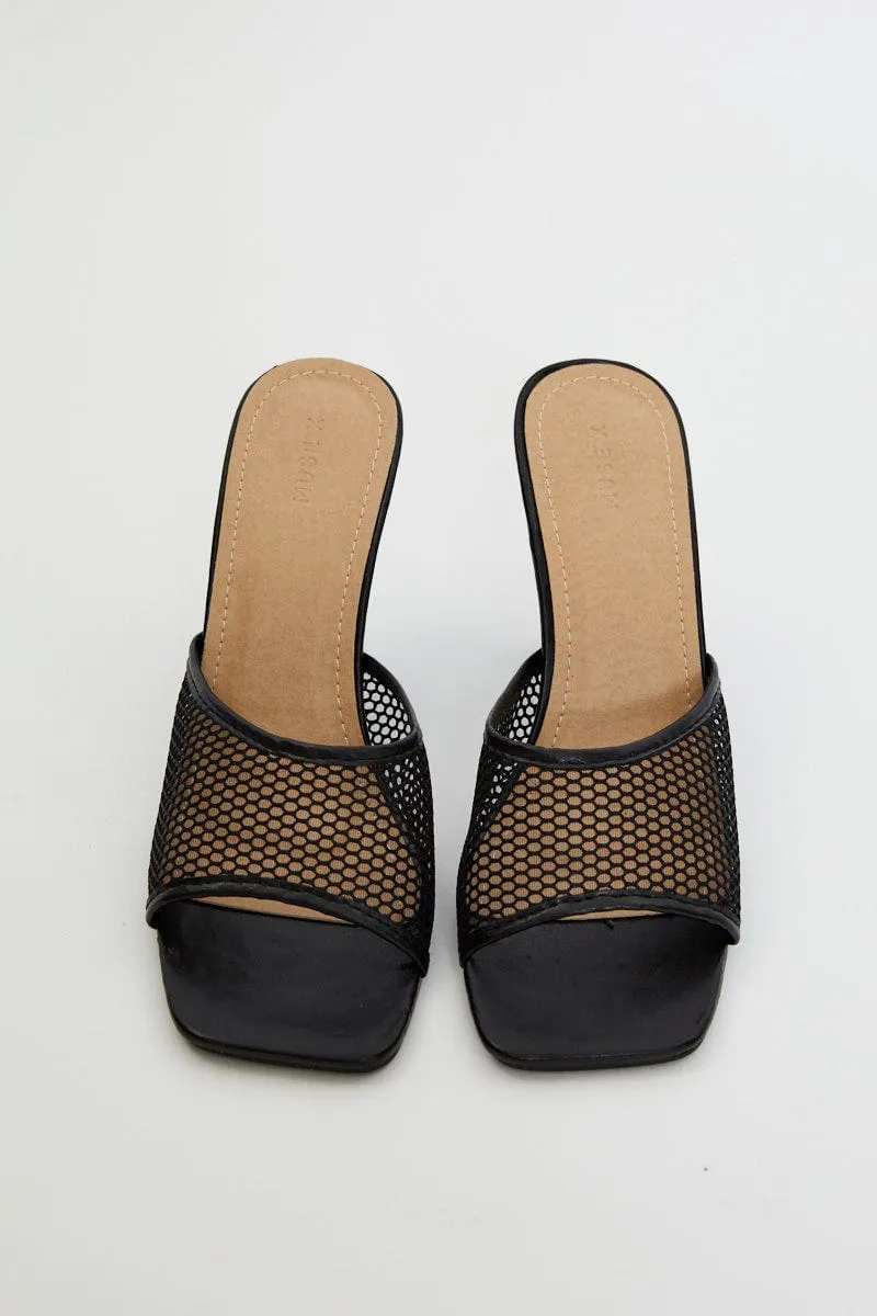 Black Angelina Mesh Square Toe Mule High Heeled Shoe